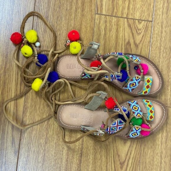 India Grace Pipa Boho Tie Up PomPom Gladiator Sandals Size 5 Sambag Charms Beach - Picture 8 of 16